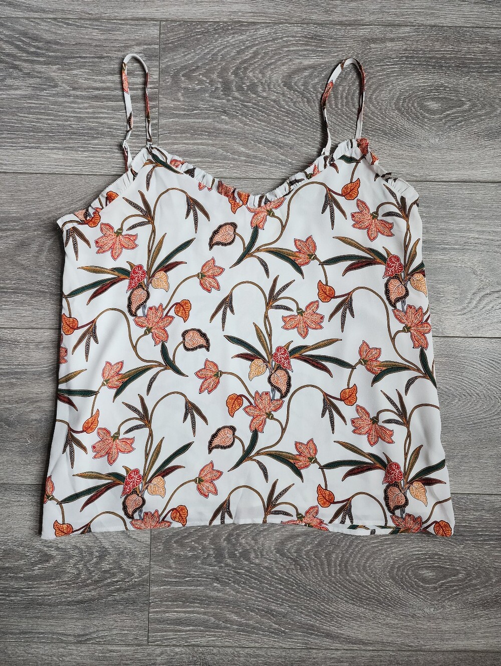 LOFT White Floral Print Spaghetti Strap Camisole Blouse w Ruffle Trim